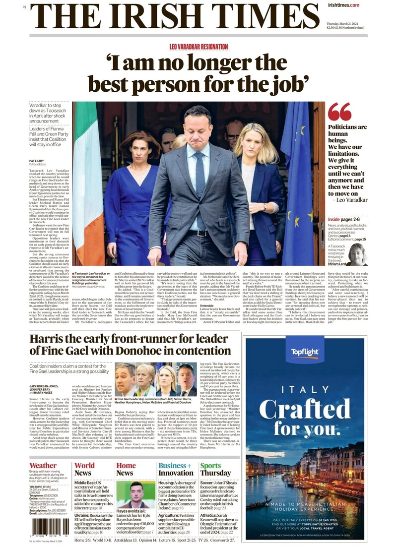 Anteprima prima pagina della rasegna stampa di ieri 2024-03-21 - the-irish-times/