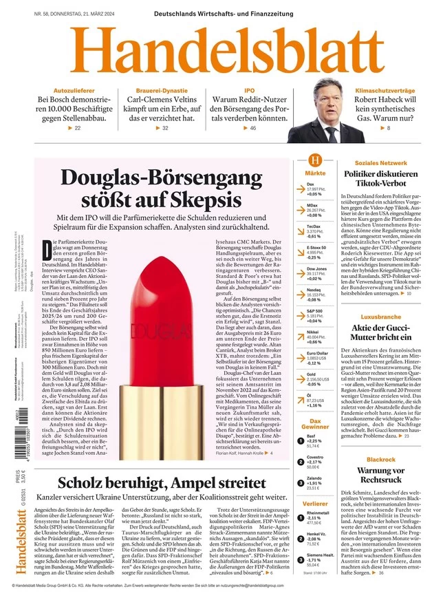 anteprima della prima pagina di handelsblatt del 21/03/2024
