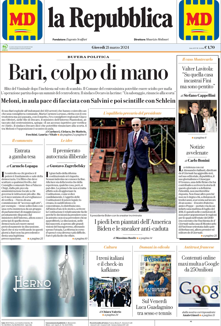 prima pagina - La Repubblica del 21/03/2024