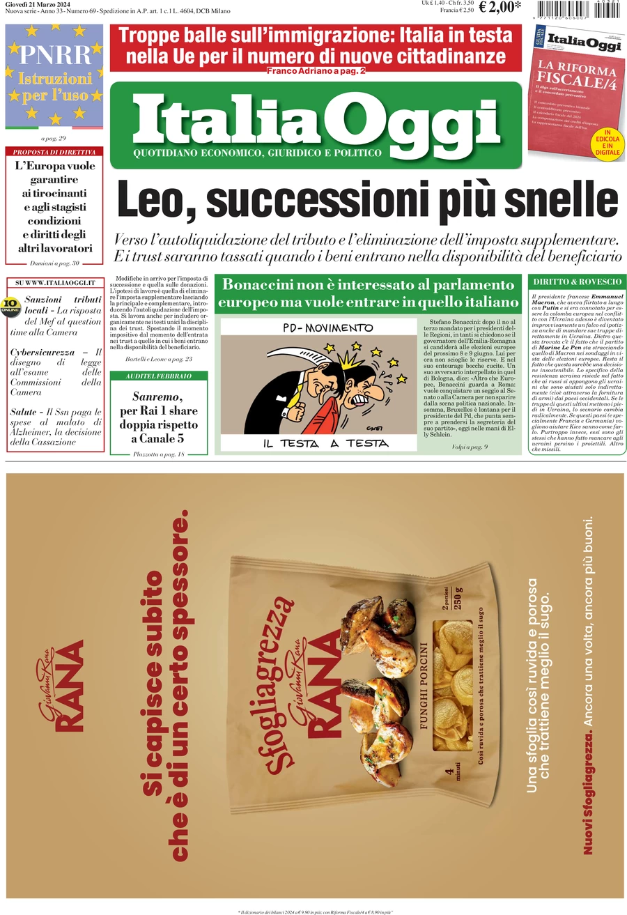 prima pagina - ItaliaOggi del 21/03/2024