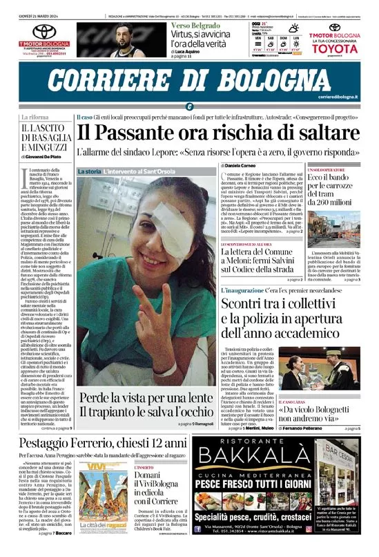 anteprima della prima pagina di corriere-di-bologna del 21/03/2024