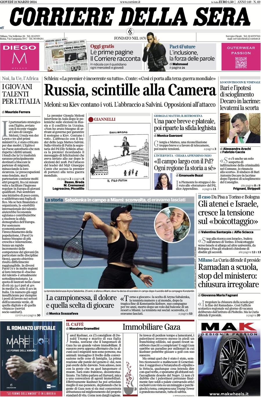 prima pagina - Corriere della Sera del 21/03/2024