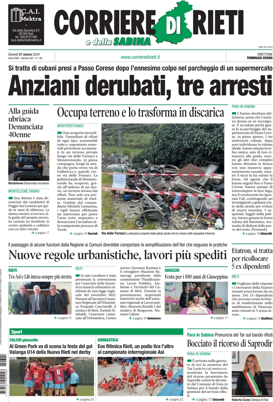 anteprima della prima pagina di corriere-di-rieti-e-della-sabina del 21/03/2024