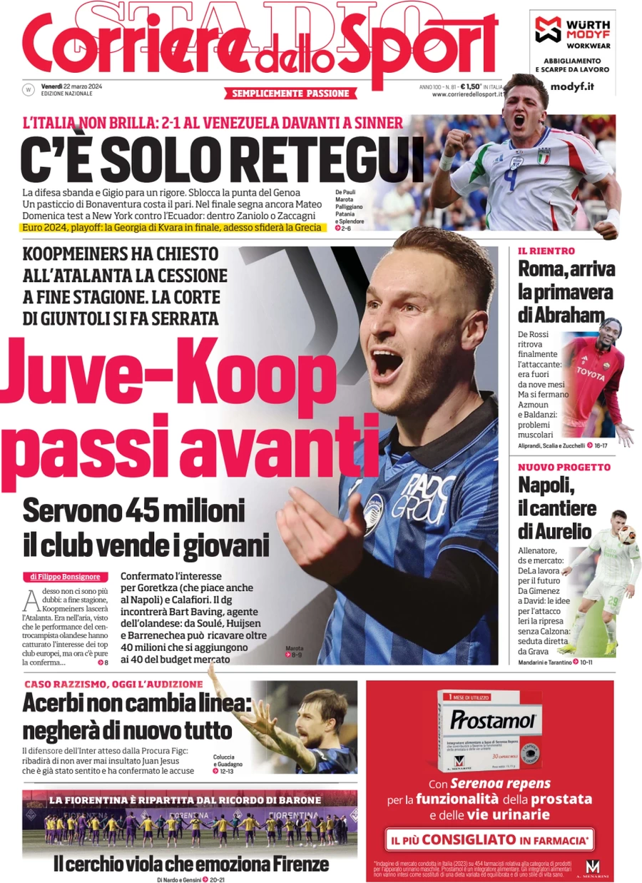 prima pagina - Corriere dello Sport del 22/03/2024