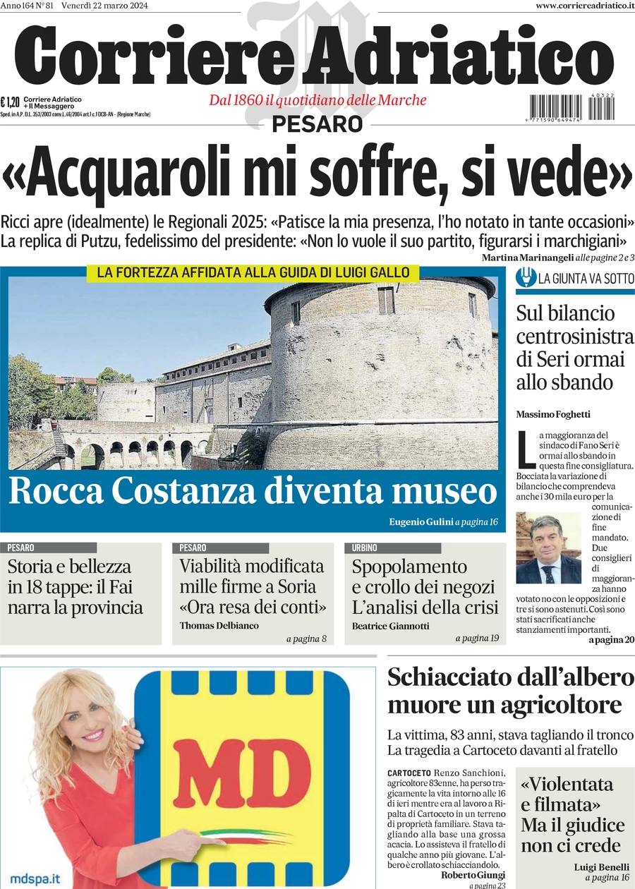 anteprima della prima pagina di corriere-adriatico-pesaro del 22/03/2024