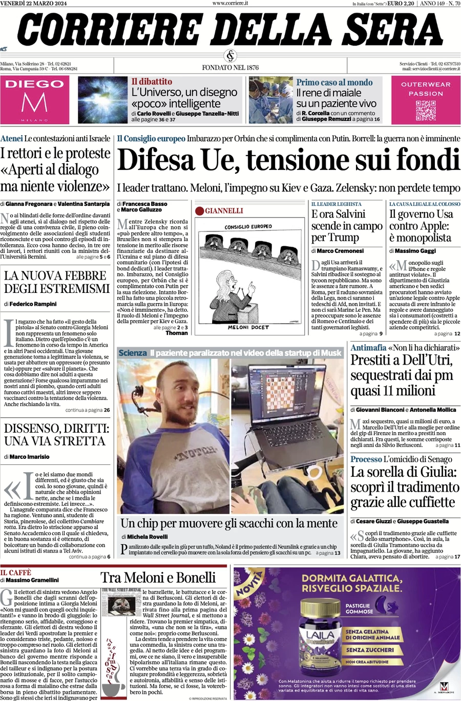 prima pagina - Corriere della Sera del 22/03/2024