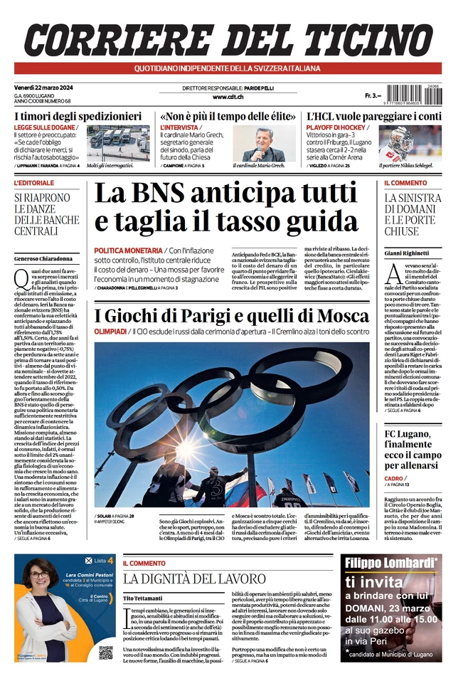prima pagina - Corriere del Ticino del 22/03/2024
