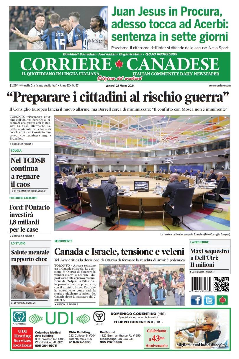 prima pagina - Corriere Canadese del 22/03/2024