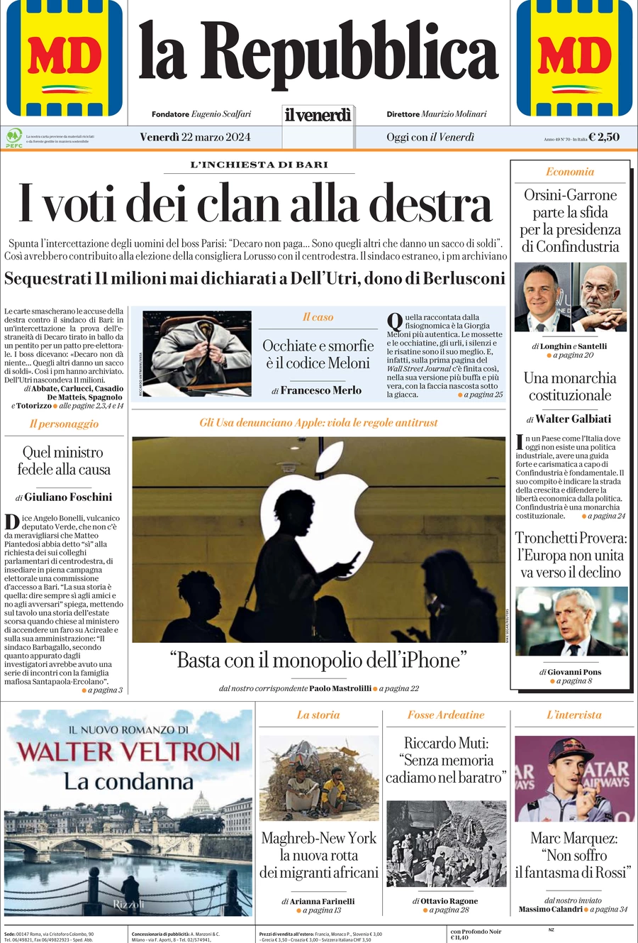 prima pagina - La Repubblica del 22/03/2024