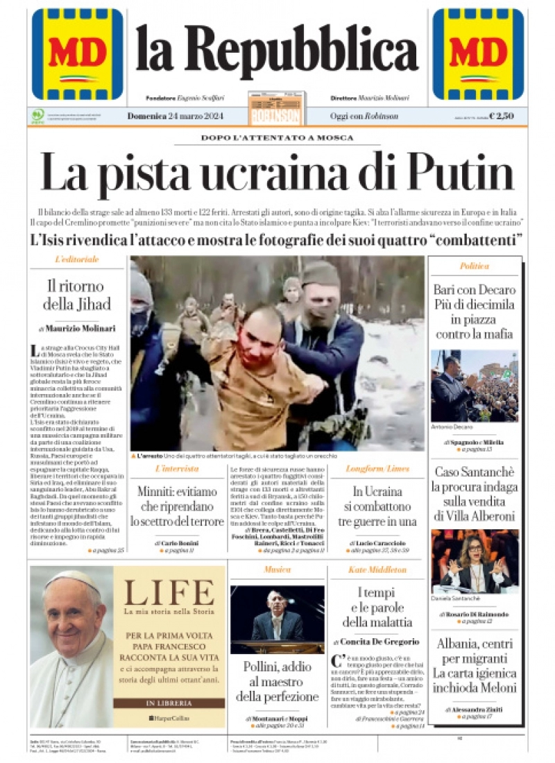 prima pagina - La Repubblica del 23/03/2024