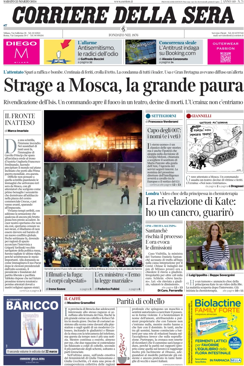 prima pagina - Corriere della Sera del 23/03/2024