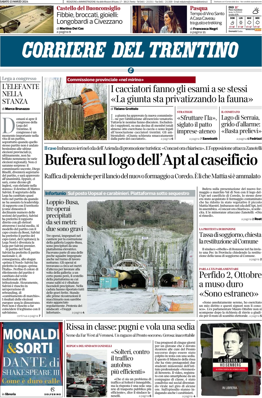 anteprima della prima pagina di corriere-del-trentino del 23/03/2024