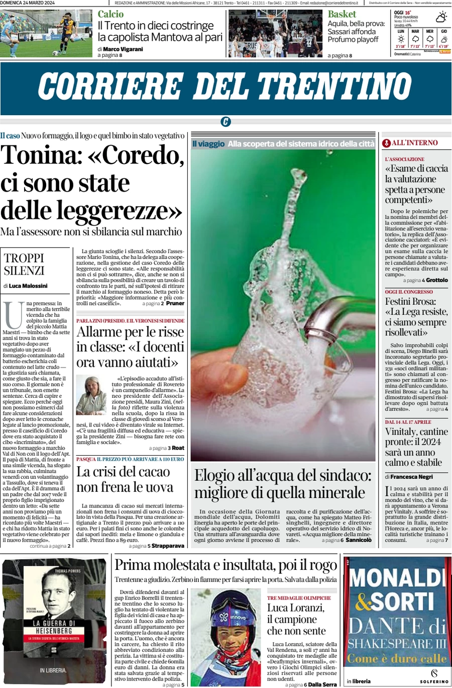 anteprima della prima pagina di corriere-del-trentino del 24/03/2024