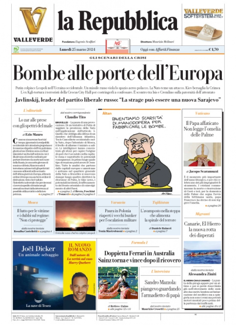 prima pagina - La Repubblica del 24/03/2024