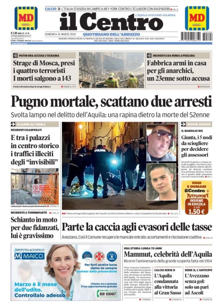 prima pagina - Il Centro (L'Aquila) del 24/03/2024
