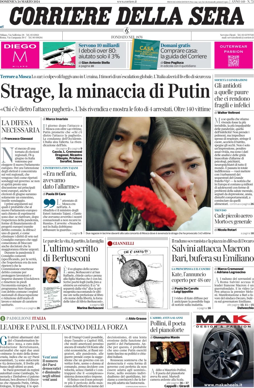 prima pagina - Corriere della Sera del 24/03/2024