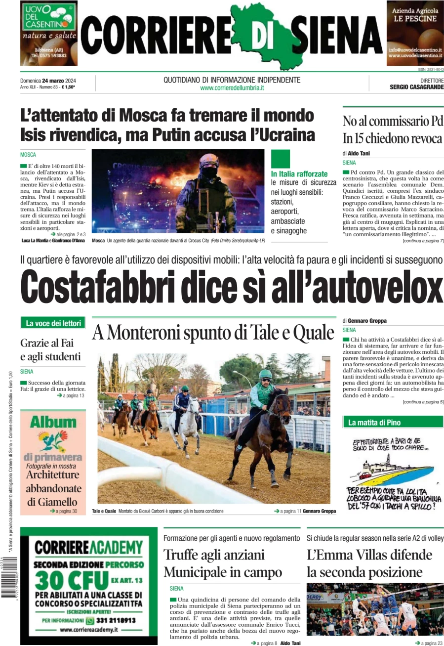 anteprima della prima pagina di corriere-di-siena del 24/03/2024