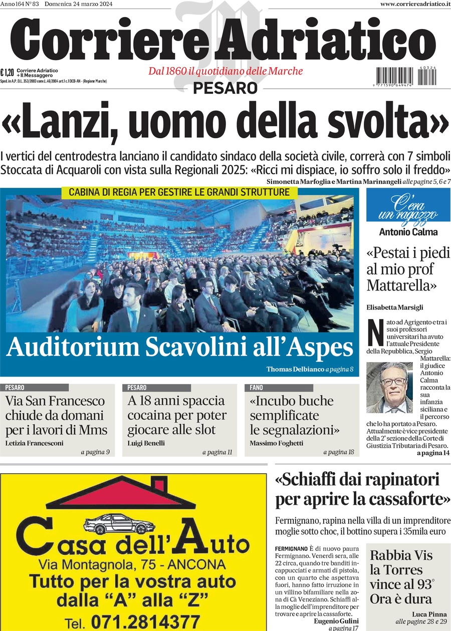 anteprima della prima pagina di corriere-adriatico-pesaro del 24/03/2024