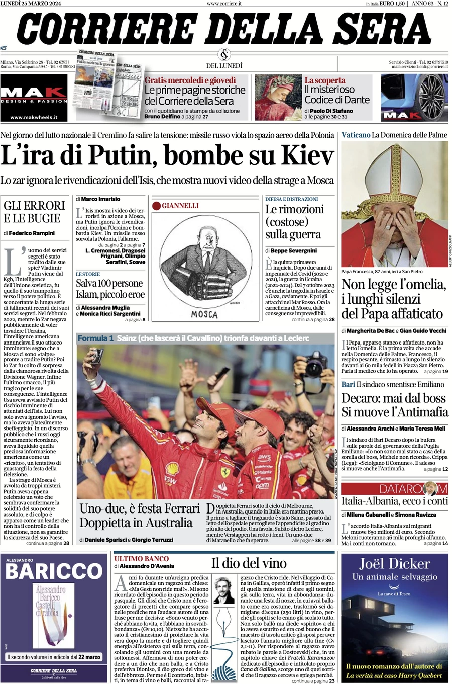 prima pagina - Corriere della Sera del 25/03/2024