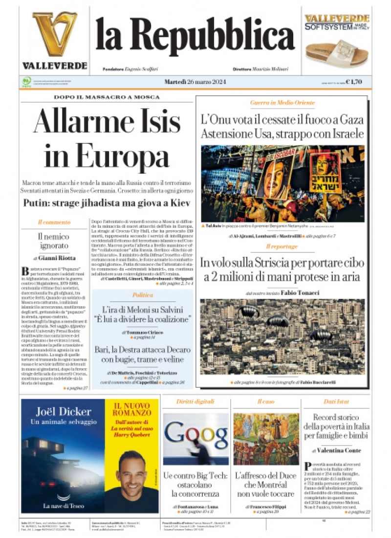 prima pagina - La Repubblica del 25/03/2024