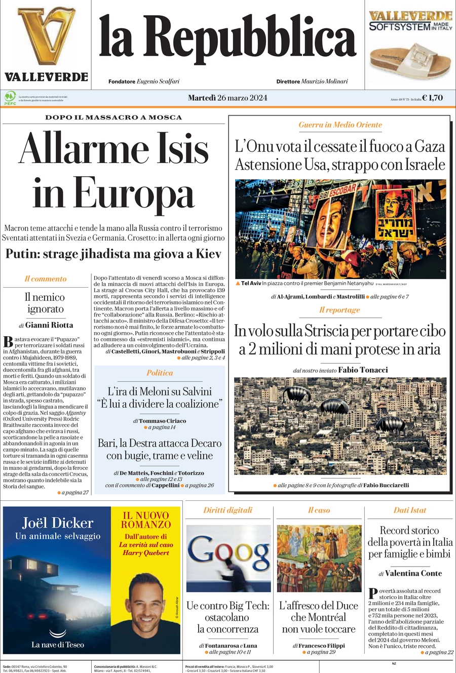prima pagina - La Repubblica del 26/03/2024