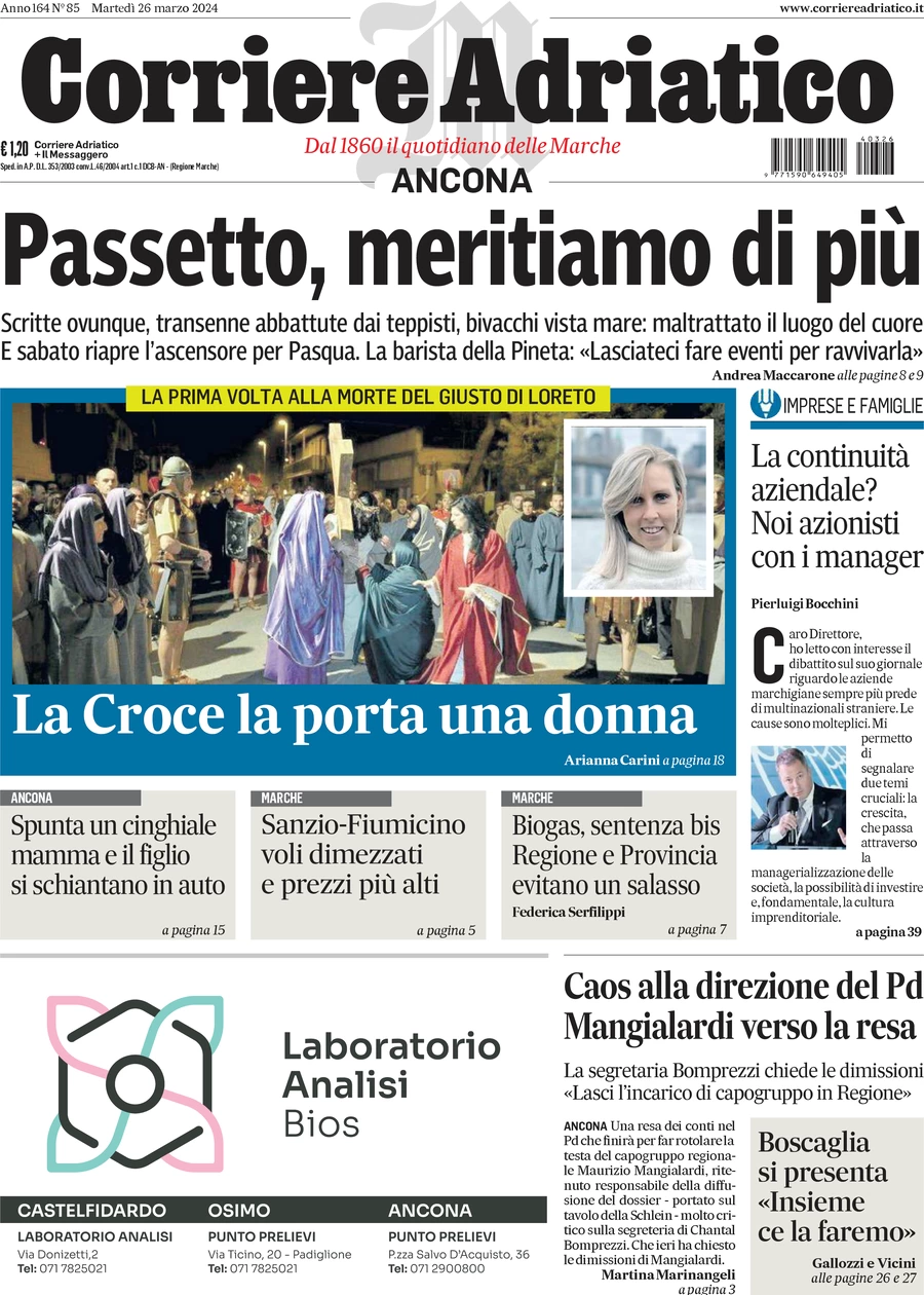 anteprima della prima pagina di corriere-adriatico-ancona del 26/03/2024