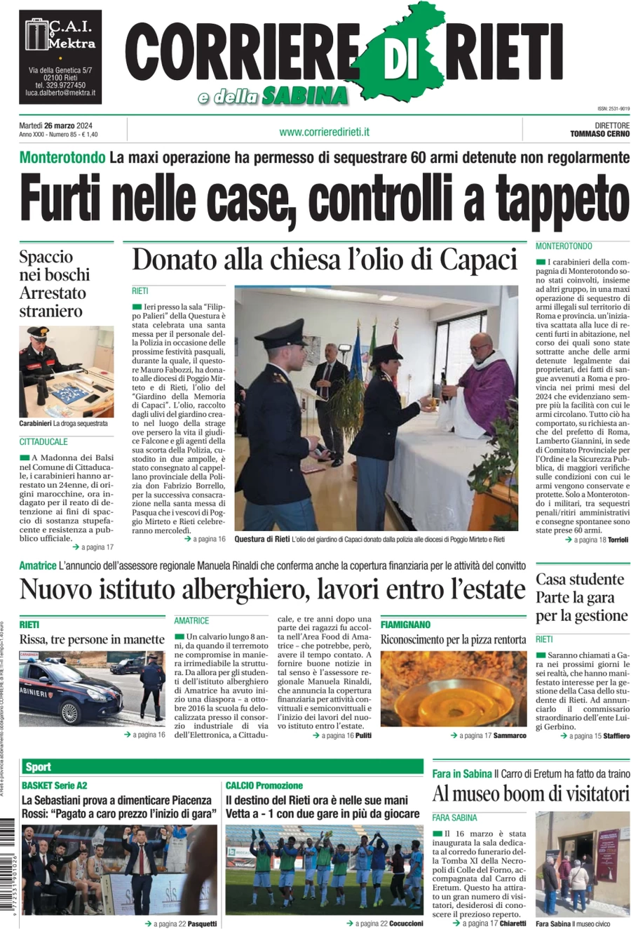 anteprima della prima pagina di corriere-di-rieti-e-della-sabina del 26/03/2024