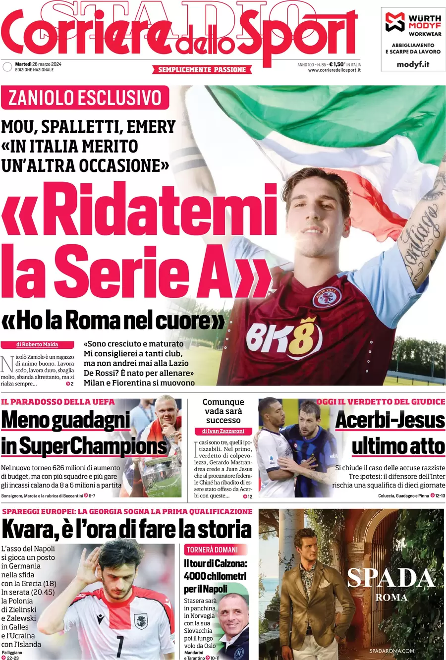 prima pagina - Corriere dello Sport del 26/03/2024