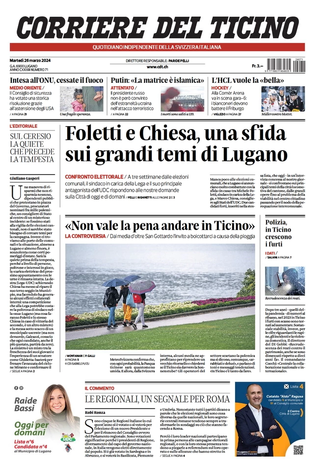 prima pagina - Corriere del Ticino del 26/03/2024