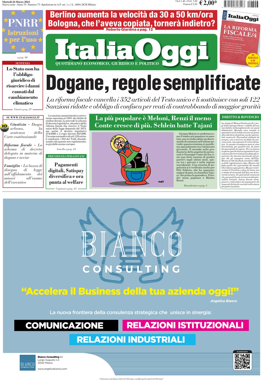 prima pagina - ItaliaOggi del 26/03/2024