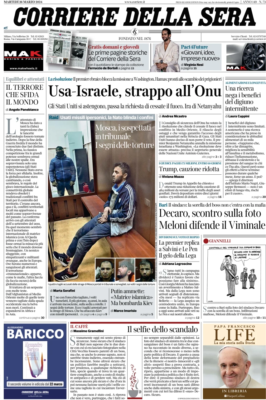 prima pagina - Corriere della Sera del 26/03/2024