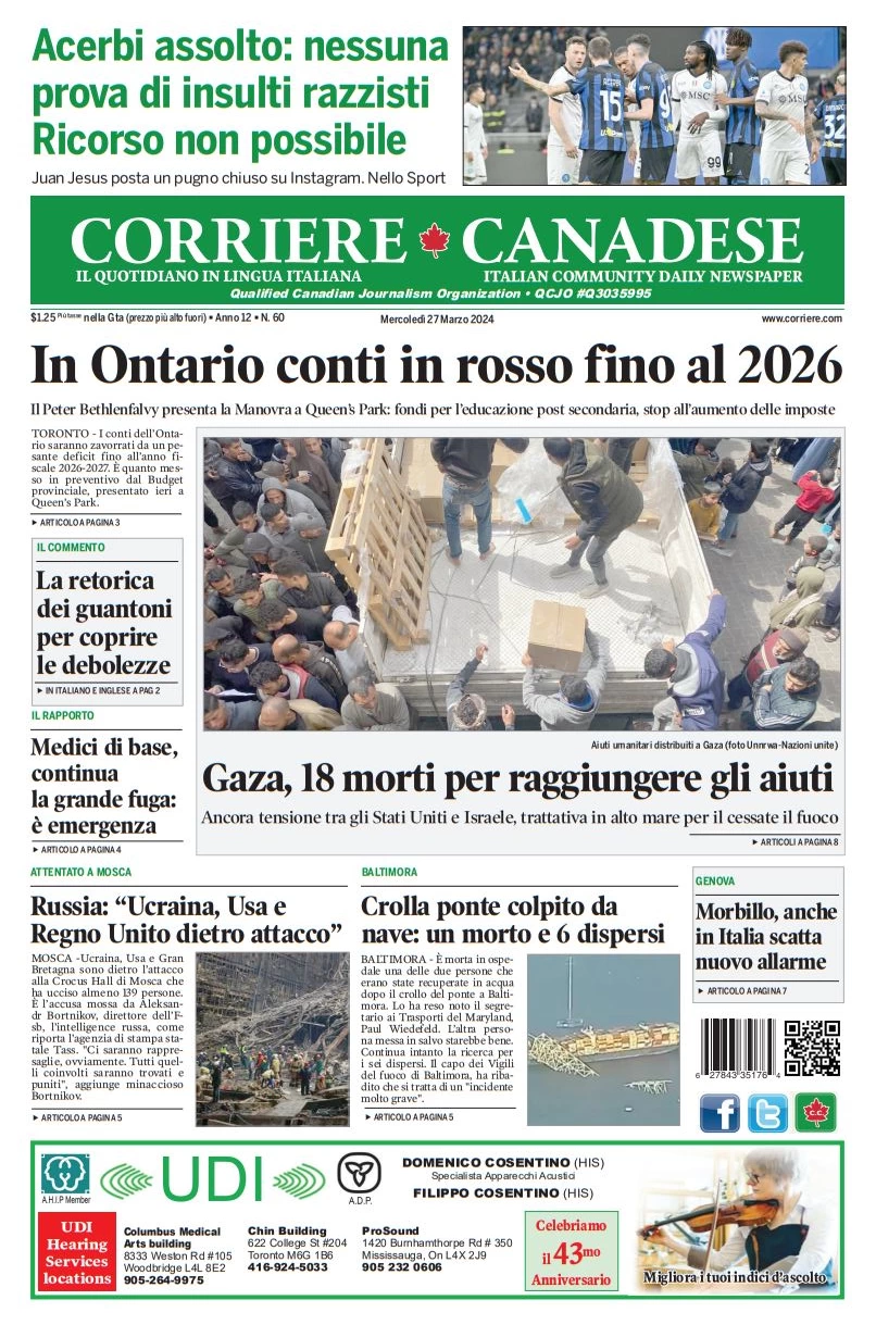 prima pagina - Corriere Canadese del 26/03/2024