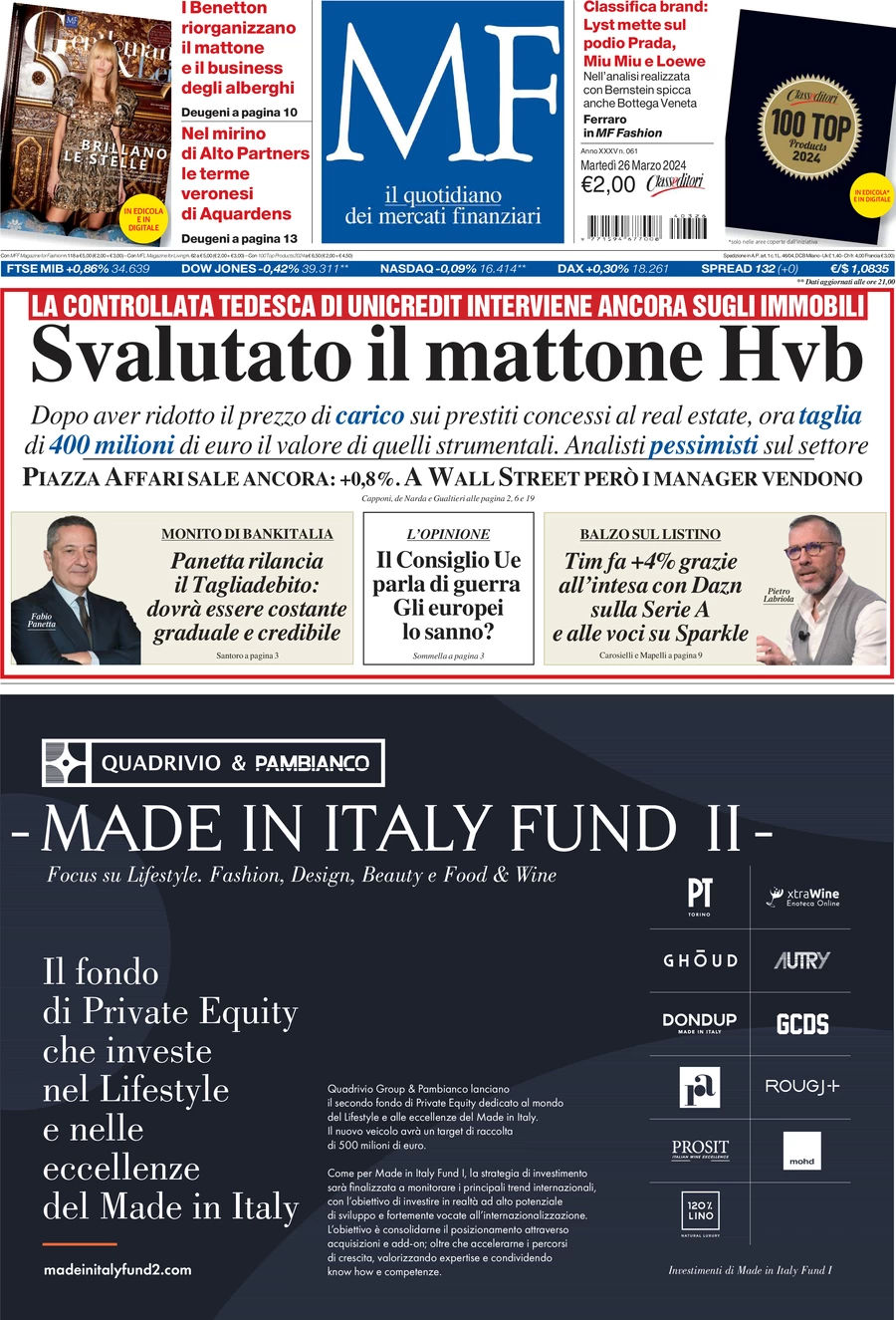 prima pagina - MF Milano Finanza del 26/03/2024