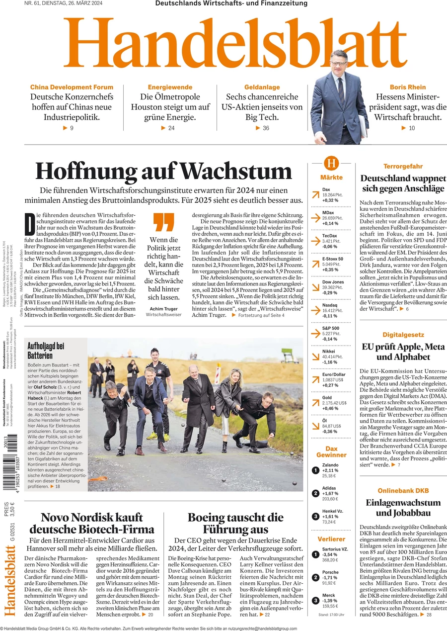anteprima della prima pagina di handelsblatt del 26/03/2024