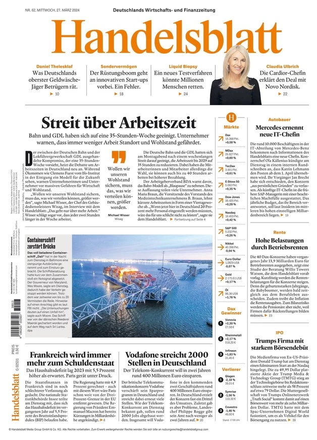 anteprima della prima pagina di handelsblatt del 27/03/2024