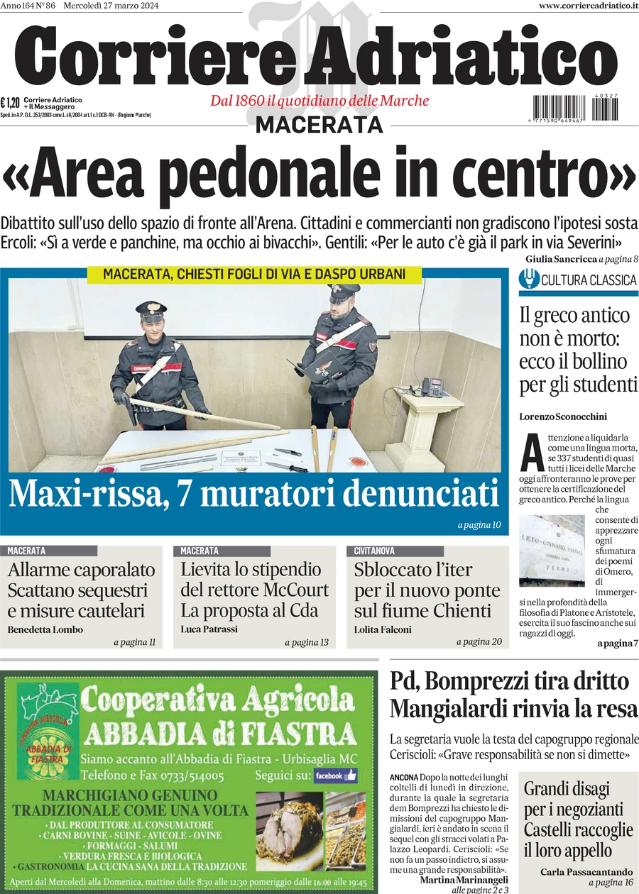anteprima della prima pagina di corriere-adriatico-macerata del 27/03/2024