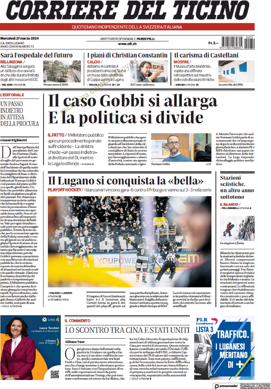 prima pagina - Corriere del Ticino del 27/03/2024