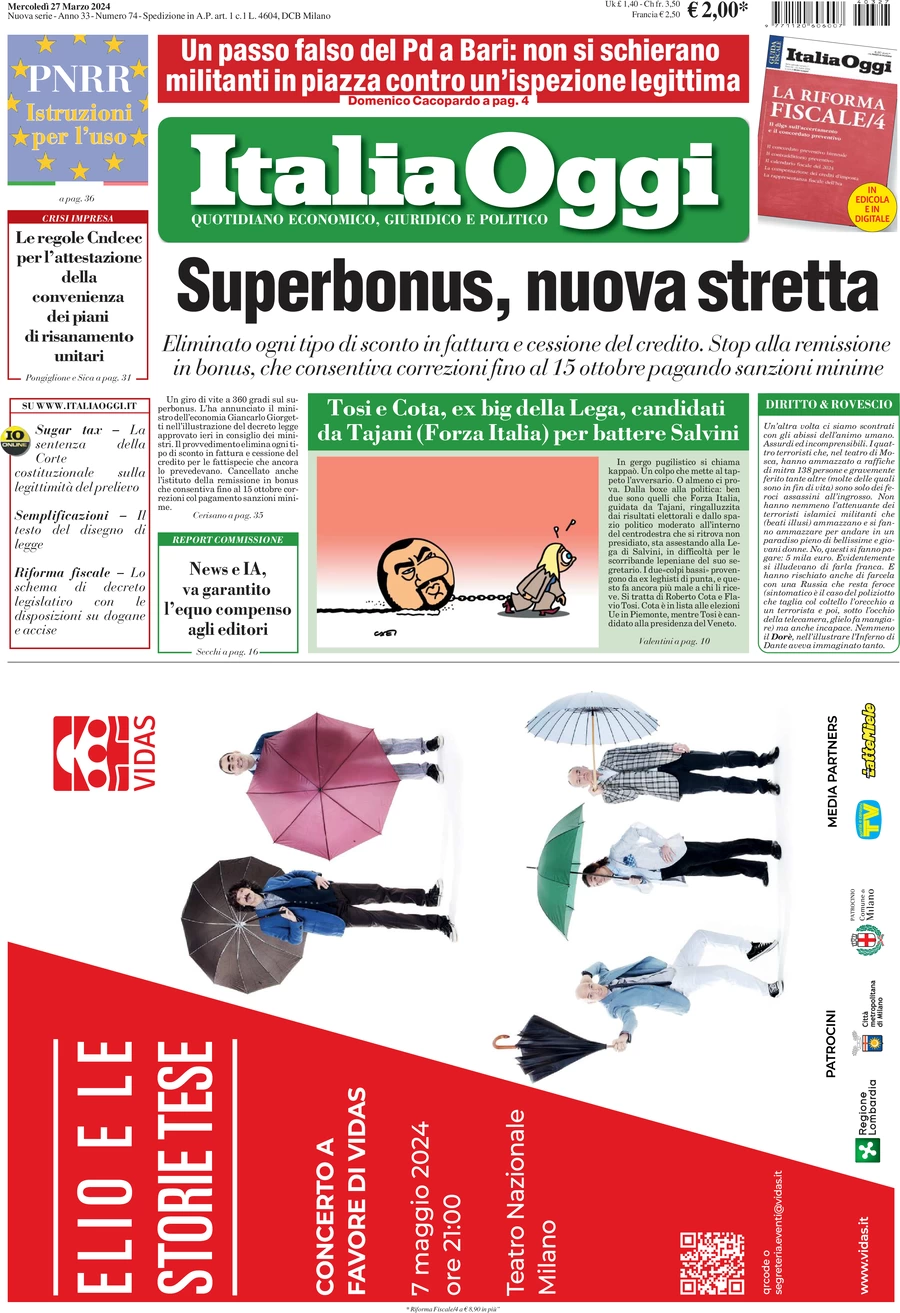 prima pagina - ItaliaOggi del 27/03/2024
