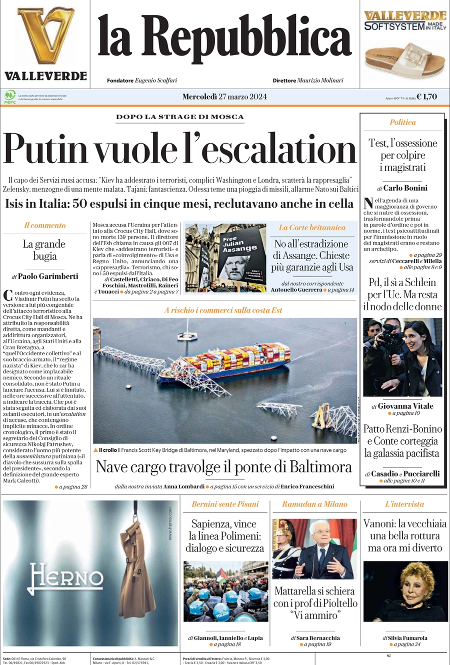 prima pagina - La Repubblica del 27/03/2024