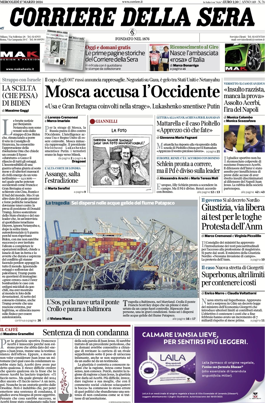 prima pagina - Corriere della Sera del 27/03/2024