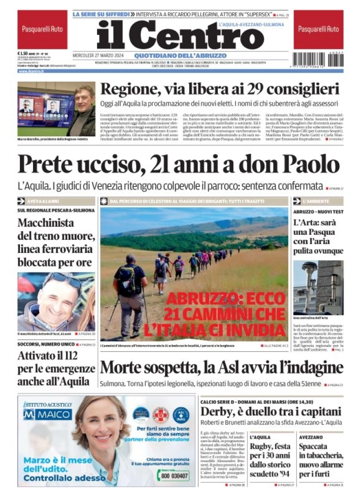 prima pagina - Il Centro (L'Aquila) del 27/03/2024