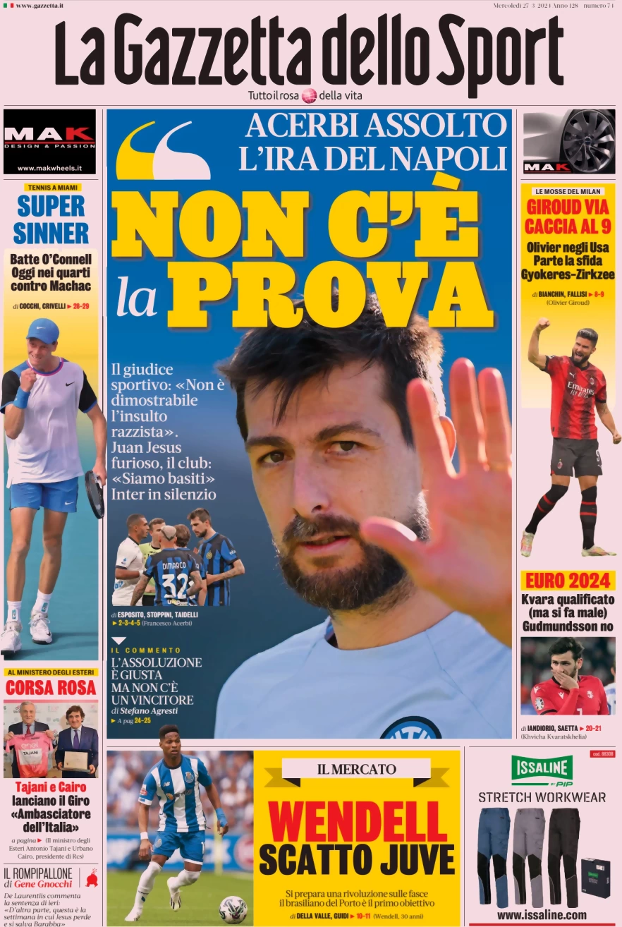 prima pagina - La Gazzetta dello Sport del 27/03/2024