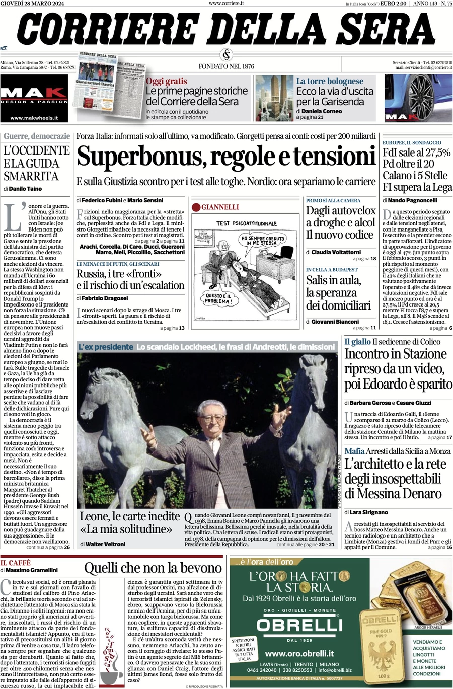 prima pagina - Corriere della Sera del 28/03/2024