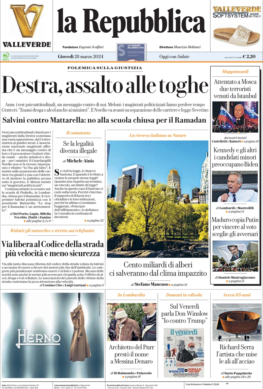 prima pagina - La Repubblica del 28/03/2024