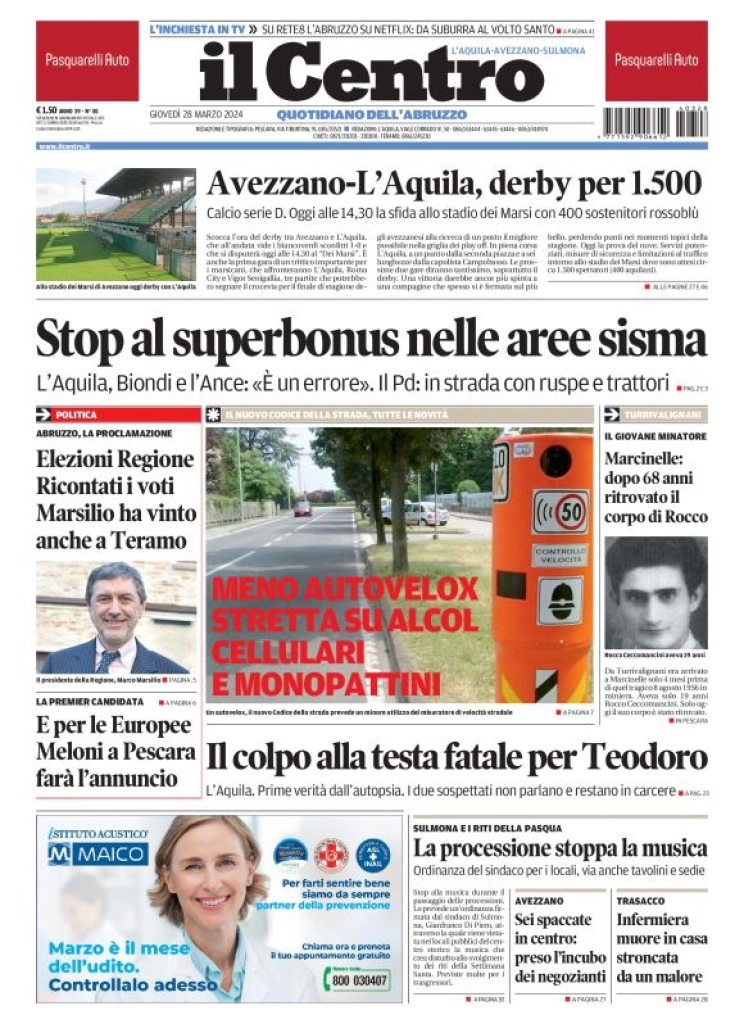 prima pagina - Il Centro (L'Aquila) del 28/03/2024