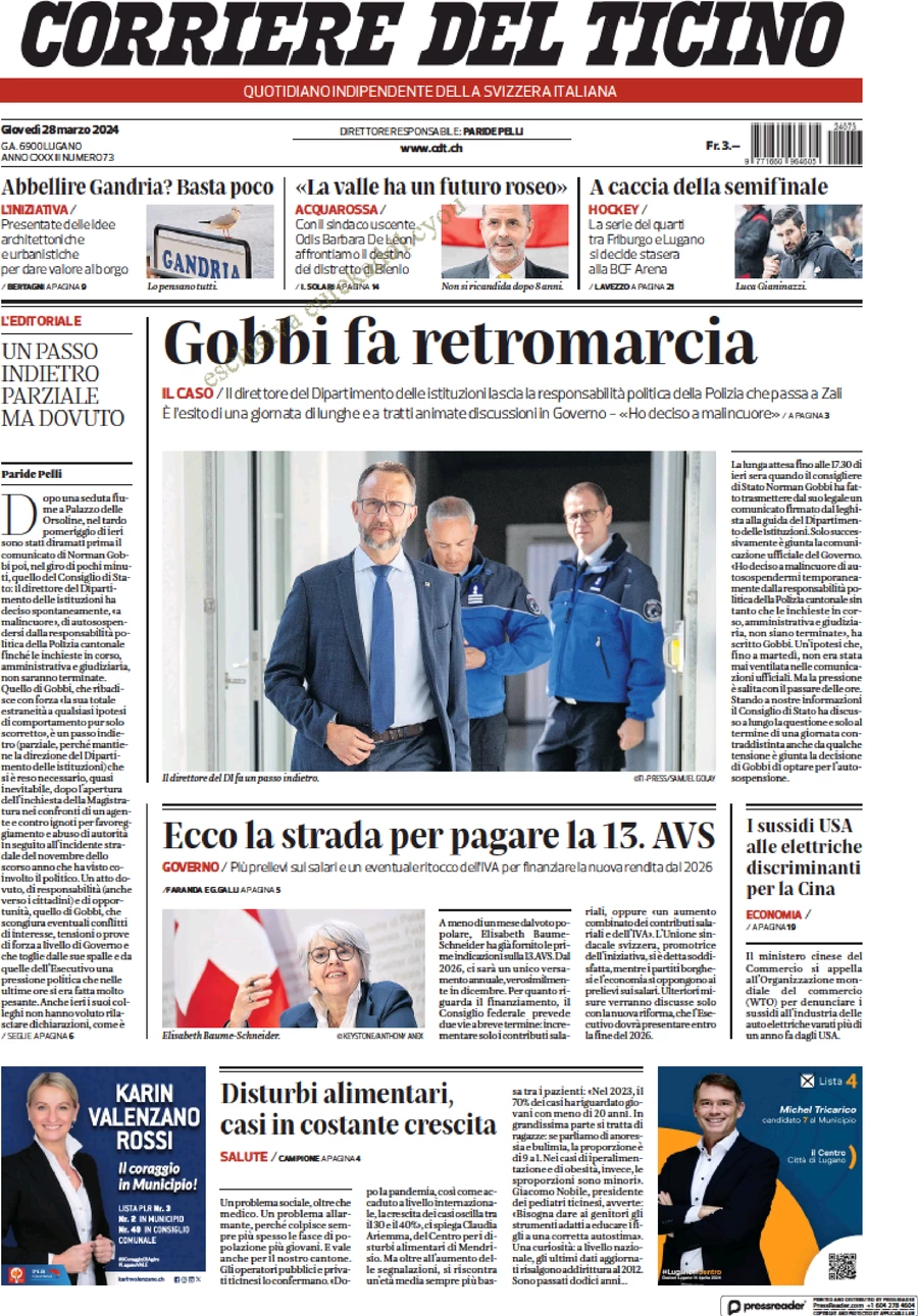 prima pagina - Corriere del Ticino del 28/03/2024