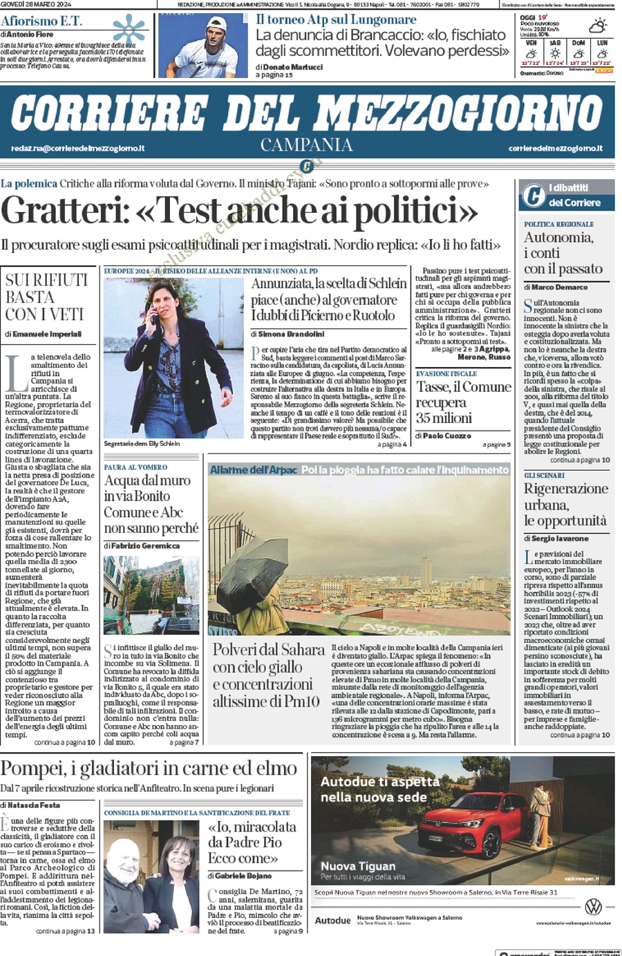 anteprima della prima pagina di corriere-del-mezzogiorno-campania del 28/03/2024