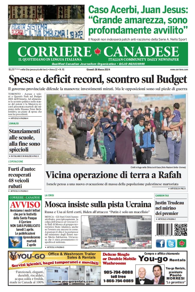 prima pagina - Corriere Canadese del 28/03/2024