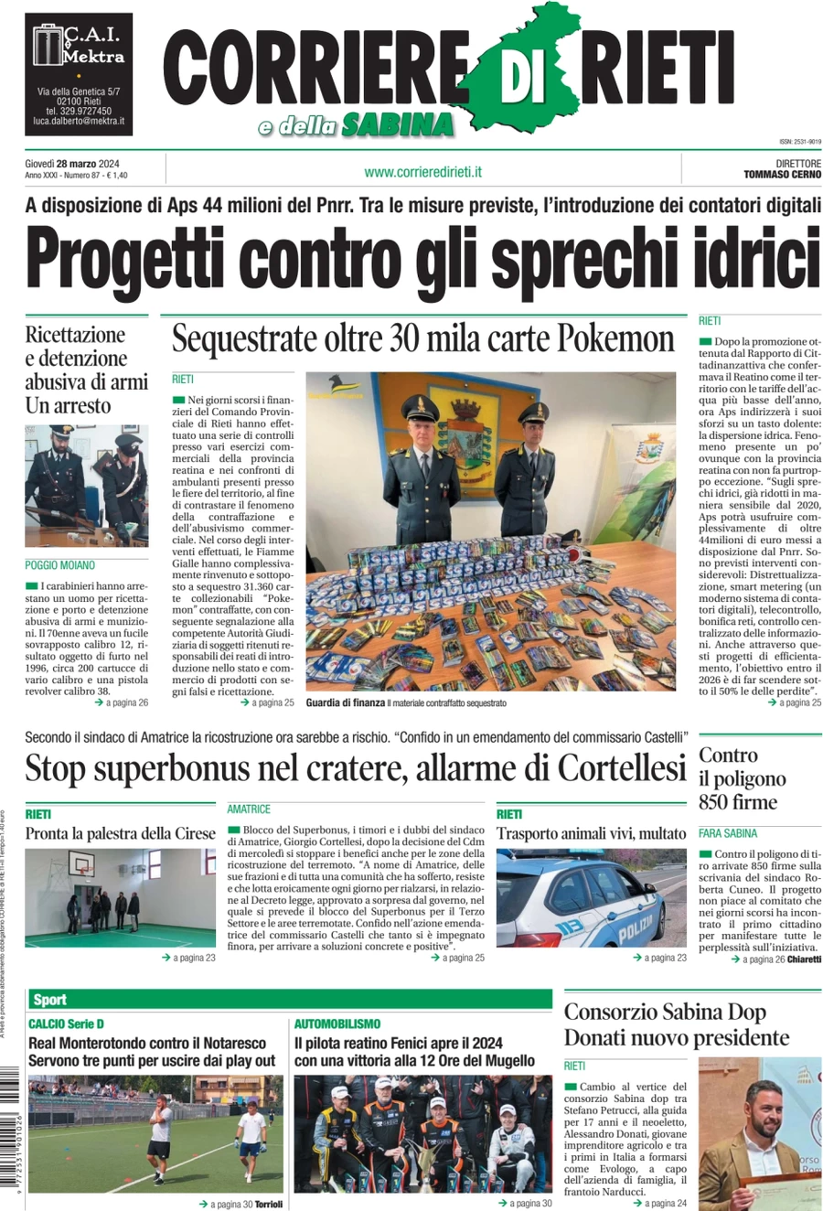 anteprima della prima pagina di corriere-di-rieti-e-della-sabina del 28/03/2024