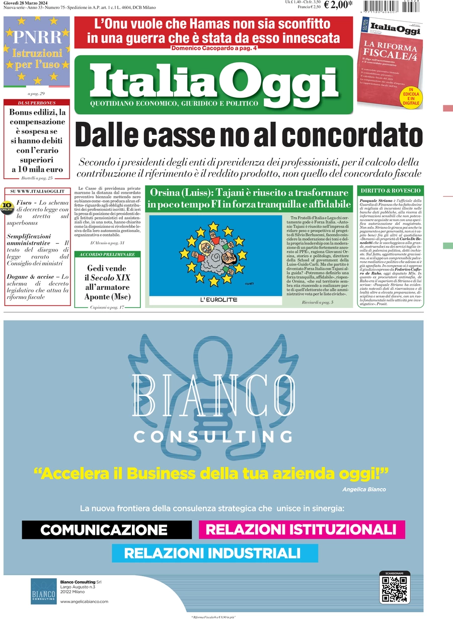 anteprima della prima pagina di italiaoggi del 28/03/2024
